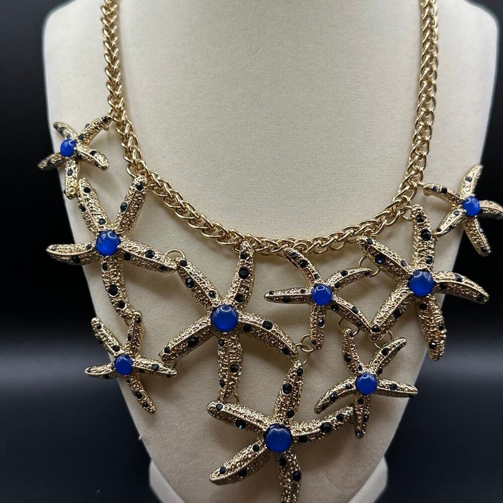 Stunning Gold Starfish Necklace with Blue Accents Bib Style 16" Costume Jewelry